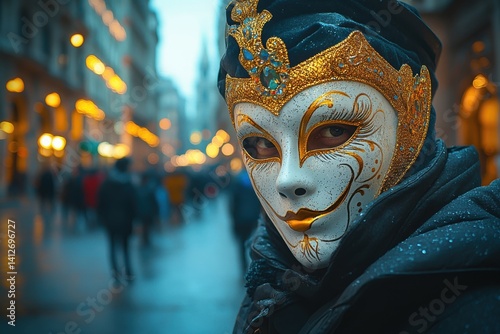 Obraz na płótnie Masquerade Character with Gold and Blue Mask in Urban Setting w salonie