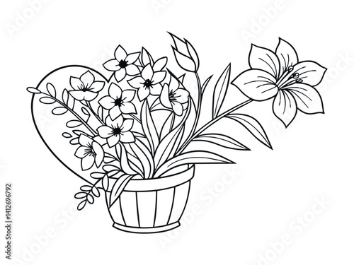 Flowers in heart shape on a pot line art design for coloring book for adults, tattoo, T-shirt graphic, cards
