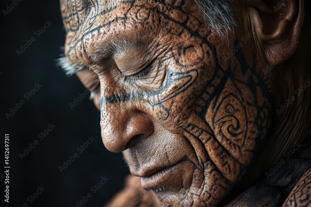 Tattooed African Descent Man Looking Down in Moody Lighting