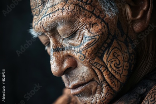 Obraz na płótnie Tattooed African Descent Man Looking Down in Moody Lighting w salonie