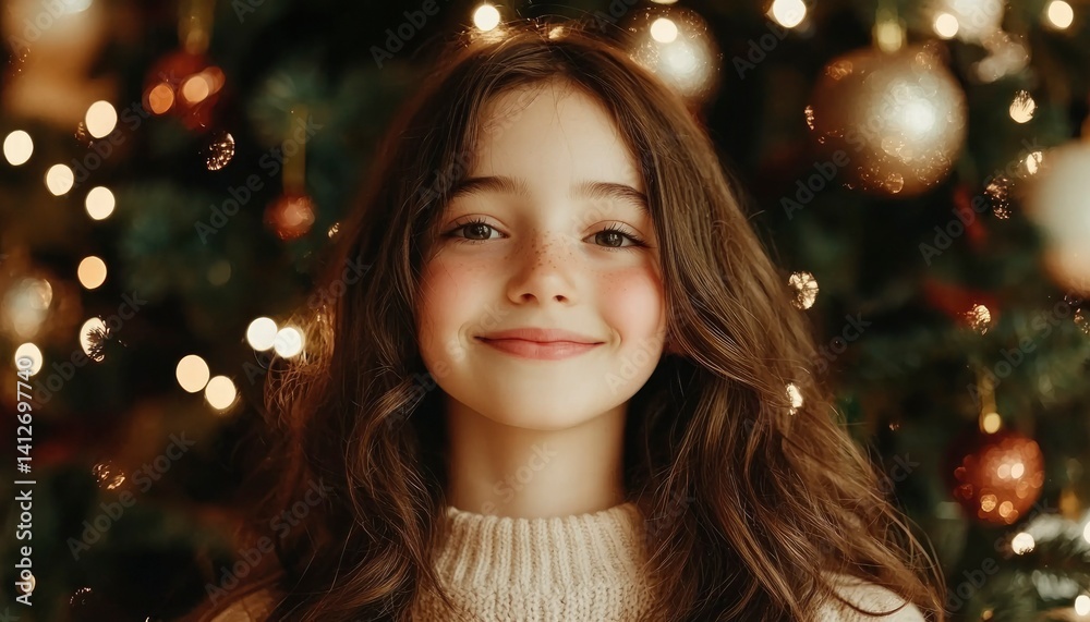 Smiling girl in front of Christmas tree Smiling girl in front of Christmas tree