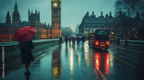 Rainy Day in London: An individual walks along a rain-slicked street, under the protection of a red umbrella, with the iconic Big Ben and other architectural structures in the background.