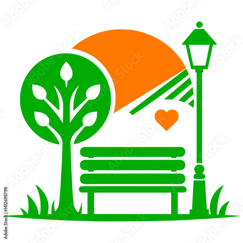 Romantic park bench under the glowing street lamp and tree