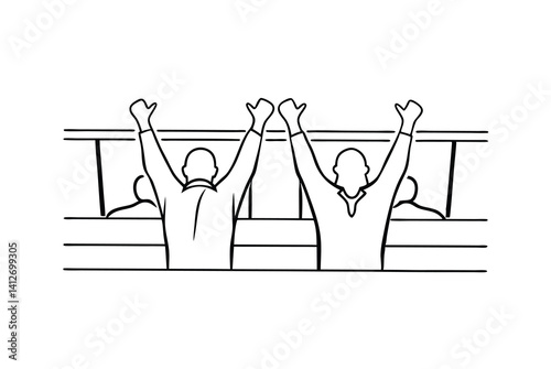 Line Art Illustration Of Sports Spectators Cheering With Raised Arms In Stands