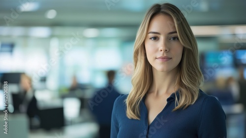 Wallpaper Mural A young female journalist stands confidently in a modern office setting, embodying professionalism and determination amid a vibrant media environment. Torontodigital.ca