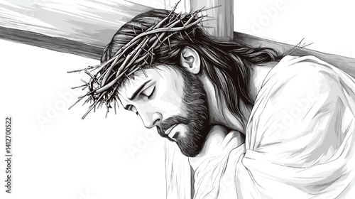 Artistic monochrome rendering of Jesus carrying the cross, retro sketch style emphasizing strength and forgiveness