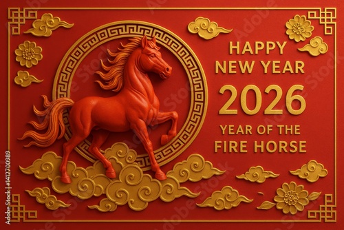 Decorative Display Celebrating Chinese New Year With a Red Horse and Traditio...