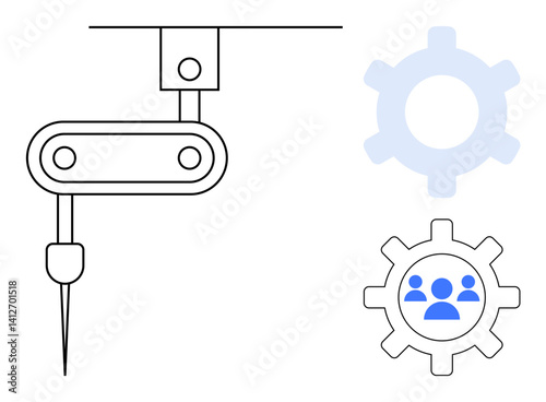Robotic arm with sewing needle operating near gear icons, highlighting collaboration, teamwork, technology, manufacturing, and process optimization. Ideal for automation, innovation, and efficiency