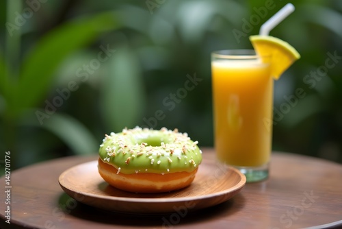 Lime-Green and Coconut Glazed Donut with Tropical Smoothie in Rainforest Retreat