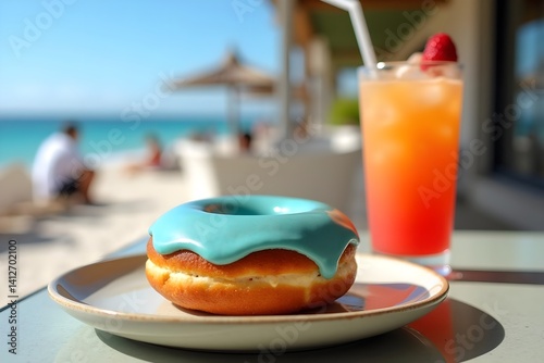 Sky-Blue and Coral Glazed Donut with Tropical Smoothie in Seaside Cafe