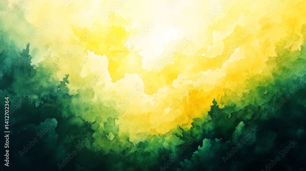Fototapeta premium Abstract Watercolor Sky Painting with Yellow and Green Clouds