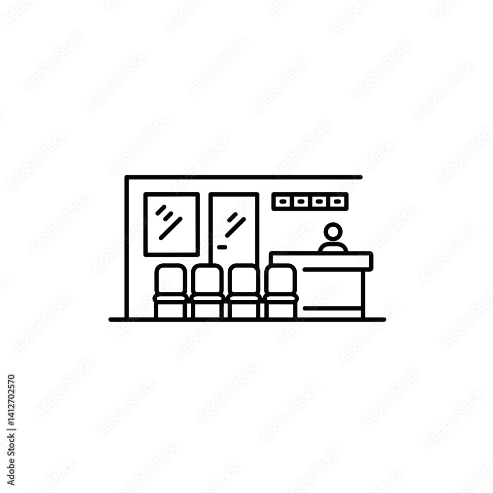 Minimalist reception area with seating and a desk in line art Minimalist reception area with seating and a desk in line art