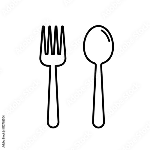 Fork and Spoon Linear Icon on White Background  