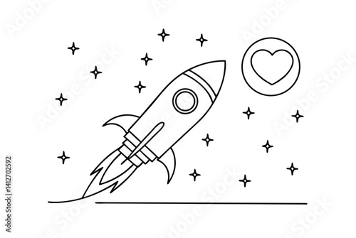 Rocket Ship Launching To The Heart In Outer Space Outline Vector Illustration