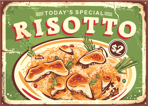 Risotto with chicken chops retro advertising vector sign on green background. Vintage poster design concept for diner. Food illustration.