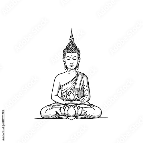 thai buddha meditating with lotus flower in monochrome style