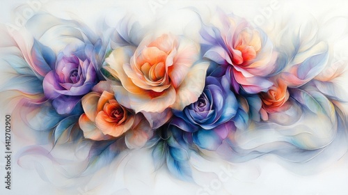 Watercolor Painting of Delicate Roses in Blue Orange and Purple Hues