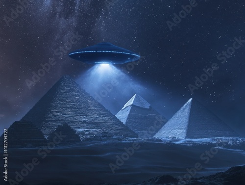 Mysterious Encounter: A surreal digital artwork depicts a futuristic spacecraft hovering over the ancient pyramids under the celestial glow, illuminating the earth with a mysterious beam.