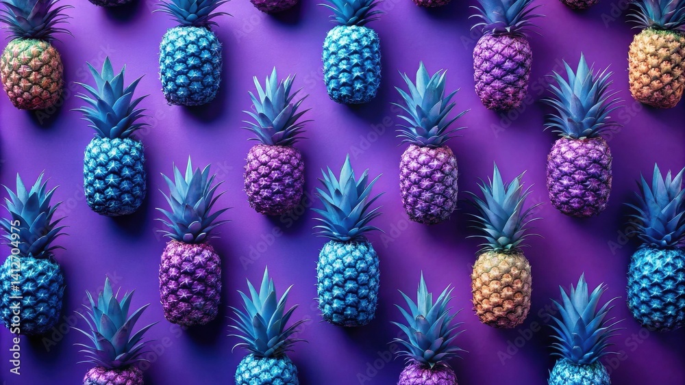 Vibrant Tropical Fruit Pattern Featuring Multiple Pineapples in a Bold Color Palette on a Purple Background Vibrant Tropical Fruit Pattern Featuring Multiple Pineapples in a Bold Color Palette on a Purple Background