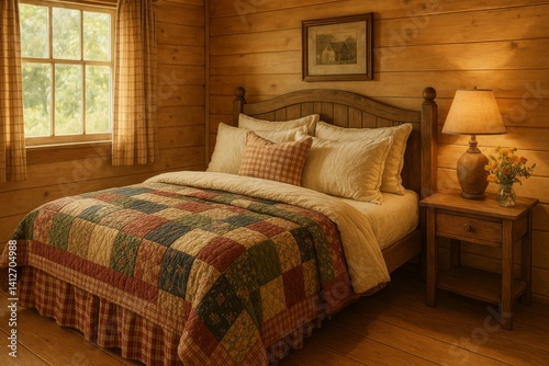 Cozy Bedroom With Rustic Wooden Walls and Quilted Bedding in a Warm, Inviting...