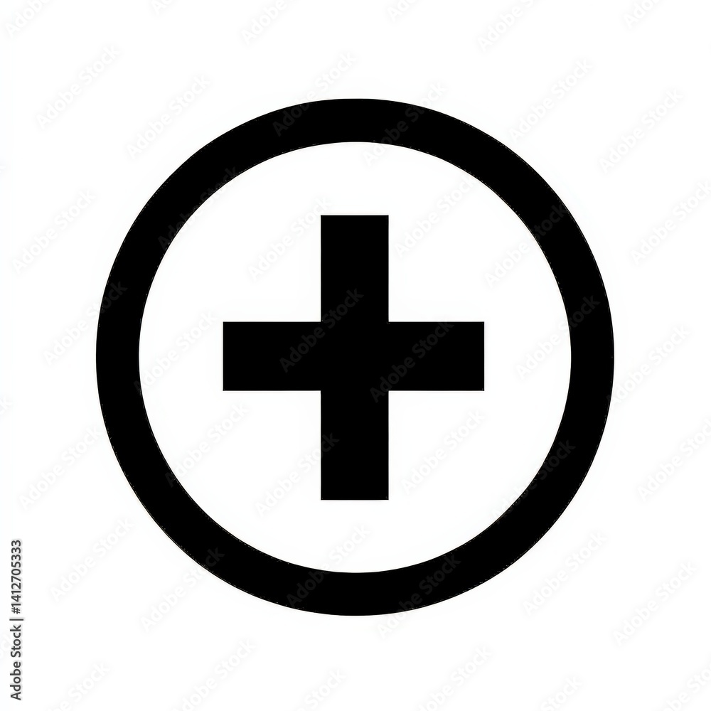 Simple Black Plus Sign Icon in a Circular Frame on White Background Simple Black Plus Sign Icon in a Circular Frame on White Background