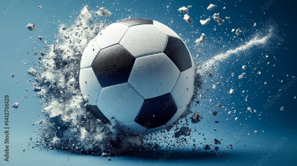 Fototapeta premium A soccer ball disintegrating into tiny pieces set against a blue backdrop