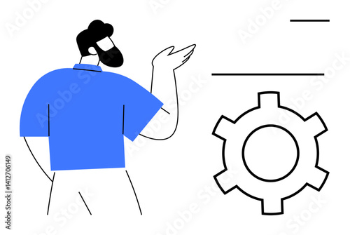 Bearded man gesturing beside a cogwheel, representing teamwork, organization, and problem-solving. Ideal for themes thumbs up collaboration, support, workflow, management, technology process