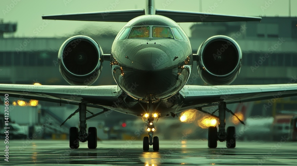 Obraz premium A close-up shot of an airplane's nose and engines on the runway, with the tarmac in focus and the airplane speeding up