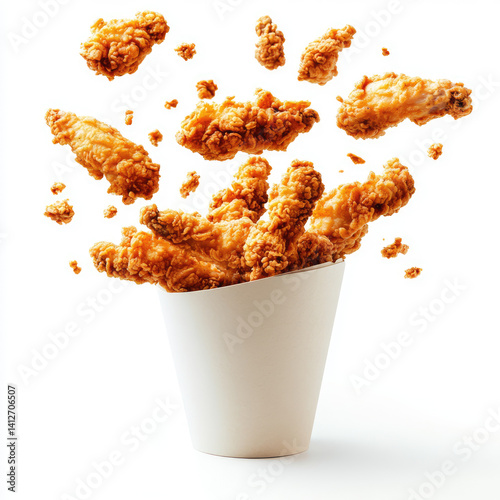 A white paper cup overflowing with crispy fried chicken on a white background view