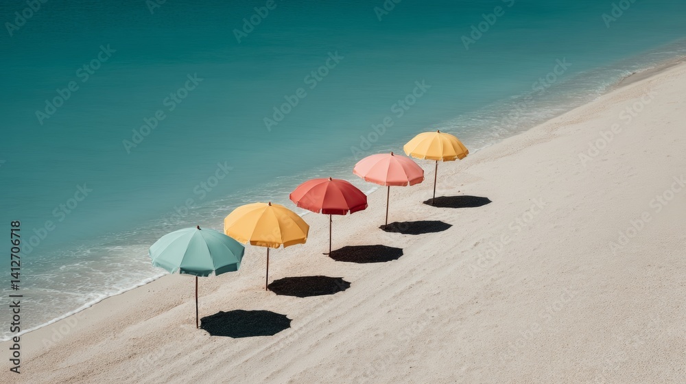 Colorful beach umbrellas casting bold shadows on sandy shoreline for summer travel and resort promotion