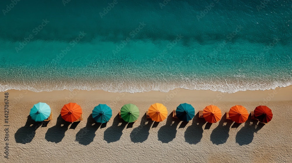 Top view of colorful beach umbrellas aligned on tropical sand ideal for tourism and lifestyle marketing