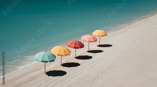 Obraz na płótnie Colorful beach umbrellas casting bold shadows on sandy shoreline for summer travel and resort promotion w salonie