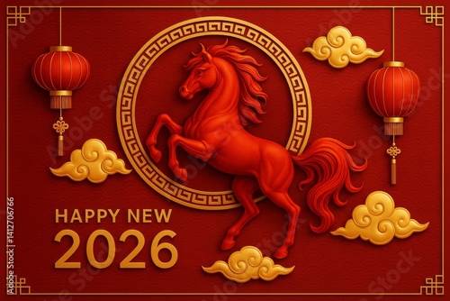 Decorative Display Celebrating Chinese New Year With a Red Horse and Traditio...