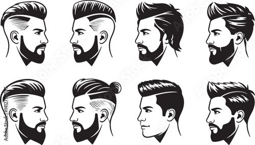 Male profile illustrations with trendy haircuts barber shop icons, hairstyle silhouette designs, grooming vector set
