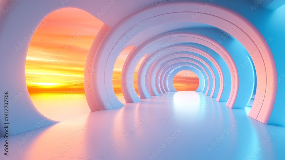 Naklejka premium A futuristic corridor characterized by circular openings provides a modern architectural backdrop for taking in the sunset