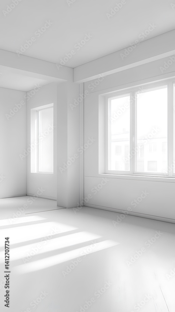 Bright Interior Empty Room with Sunlight Through Windows on a White Background Bright Interior Empty Room with Sunlight Through Windows on a White Background