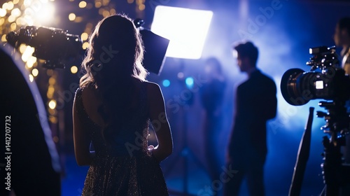 Glamorous film set with actress and crew creating movie magic ambiance