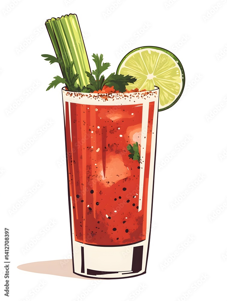 Bloody Mary in a Tall Glass with Celery and Lime on White Background