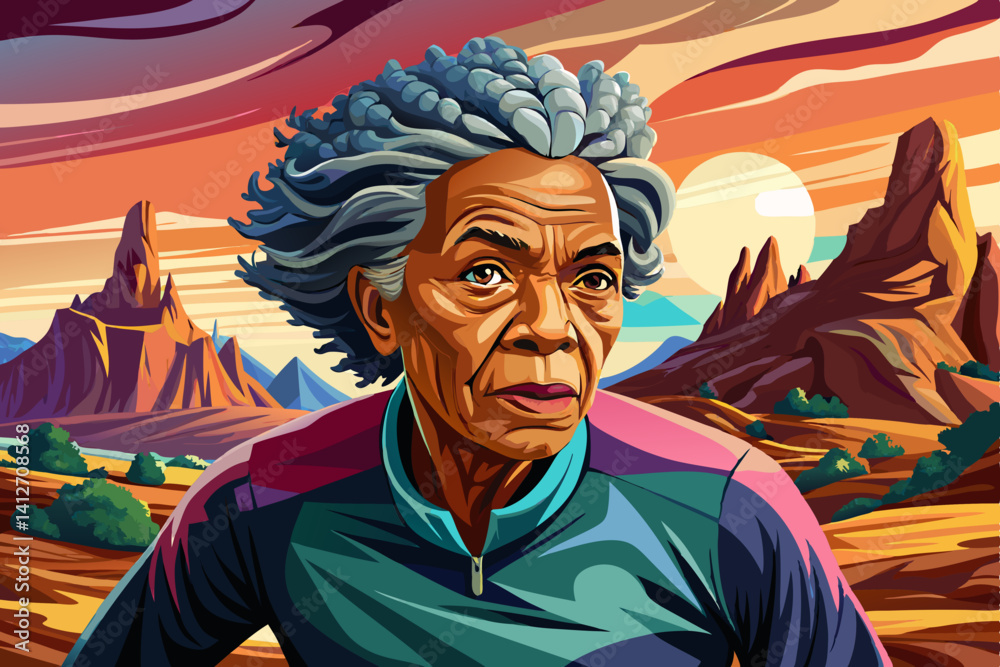 Obraz premium Senior and Black woman cartoon portrait with fitness outdoor of running exercise, training and morning routine