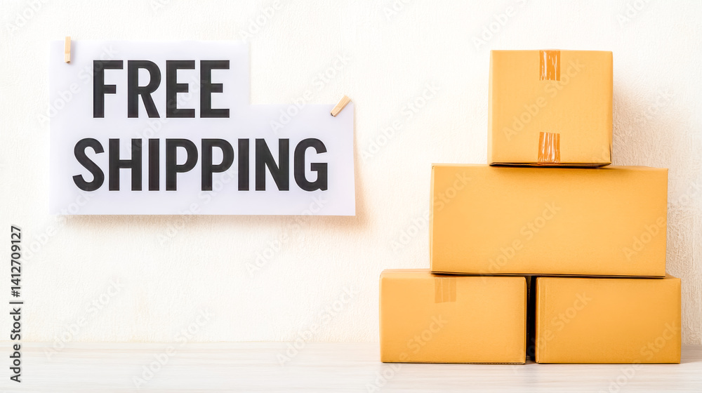 Obraz premium Stack of cardboard boxes with free shipping sign representing e commerce delivery