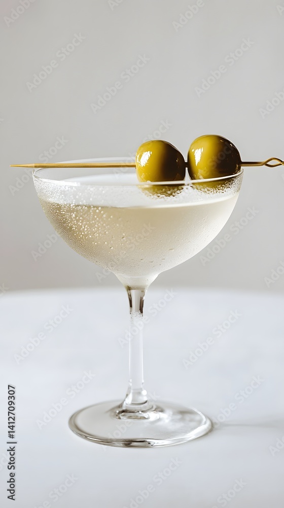 Classic Martini with Green Olives in a Chilled Glass on White Background