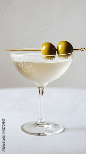 Obraz na płótnie Classic Martini with Green Olives in a Chilled Glass on White Background w salonie