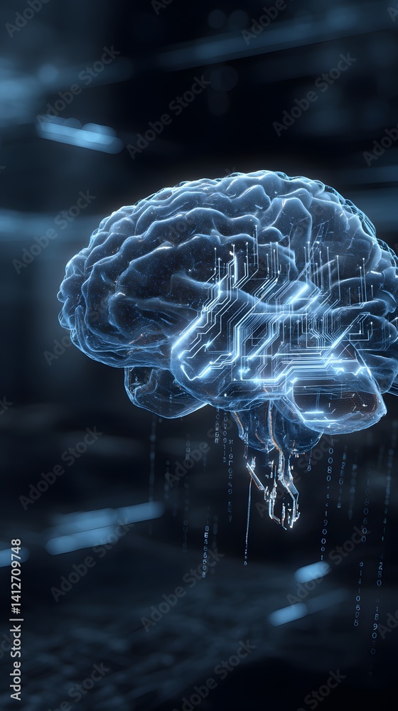 Digital Artificial Intelligence Brain with Glowing Neural Connections in a Cyber Matrix Background