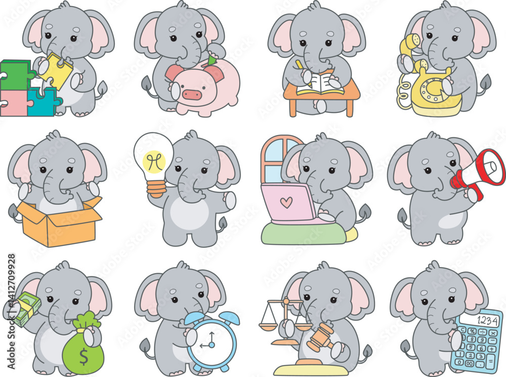 Fototapeta premium Cute Elephant vector icon. Funny baby Elephant animal series stock illustration. Life of fluffy Elephant designs.