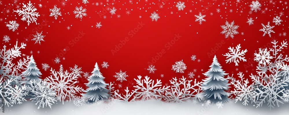 Festive winter design featuring white paper snowflakes on a red background Festive winter design featuring white paper snowflakes on a red background