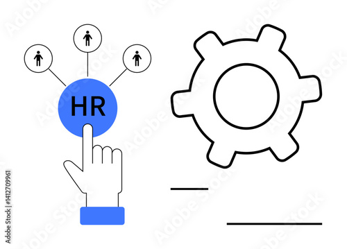 Hand selecting HR button connected to team hierarchy icons, accompanied by gear symbol. Ideal for HR operations, teamwork, recruitment, process management, productivity, organization, and workforce