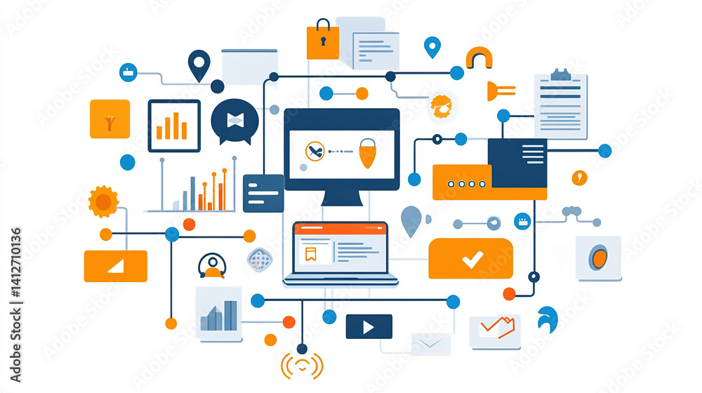 Abstract Technology Network Diagram with Connected Devices and Digital Icons Abstract Technology Network Diagram with Connected Devices and Digital Icons