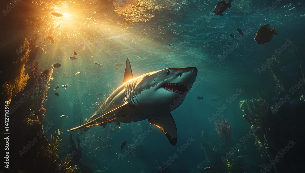 Fototapeta premium Great White Shark Ocean Sunlight Scene of excellence in splendor beyond compare with grace