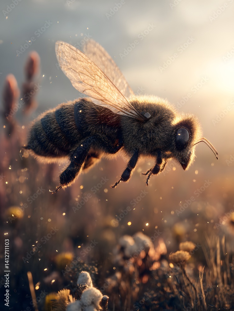Heroic 3D Bee in Mid-Flight Over Sunset Field