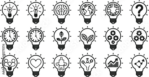 Vector icon set of light bulbs representing ideas such as innovation, finance, brain, earth, recycling, question mark, clock, leaves, electricity, gears, heart, teamwork